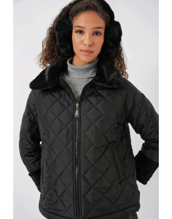 5202 Peluş Detaylı Kapitone Mont - Siyah