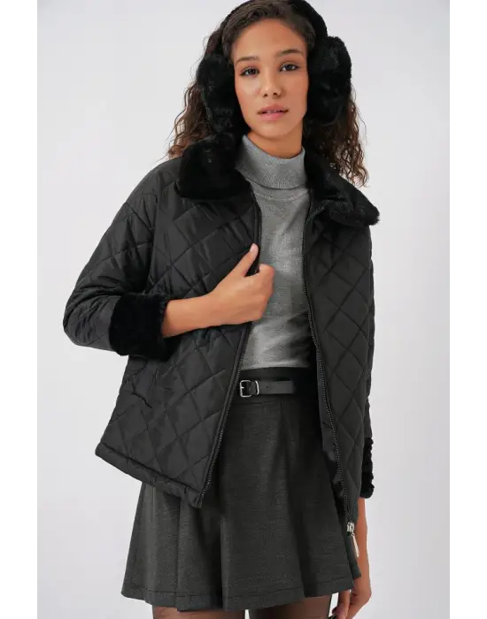 5202 Peluş Detaylı Kapitone Mont - Siyah
