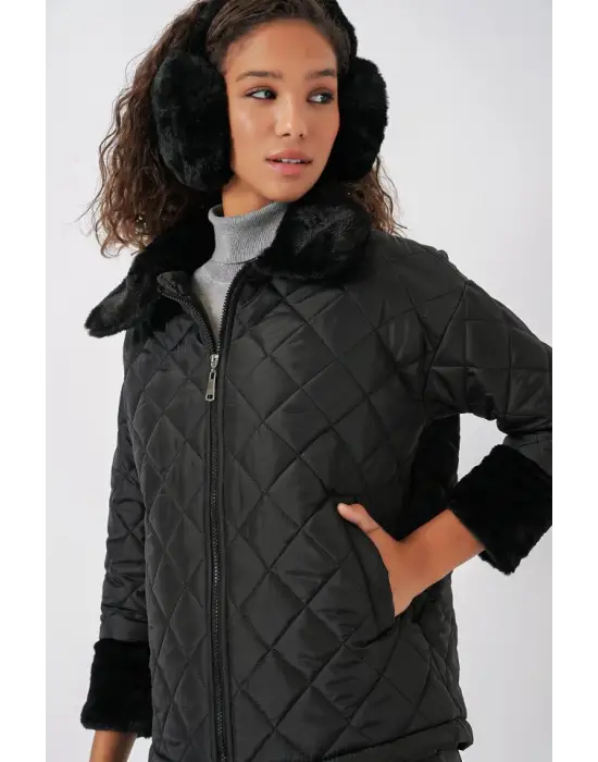 5202 Peluş Detaylı Kapitone Mont - Siyah