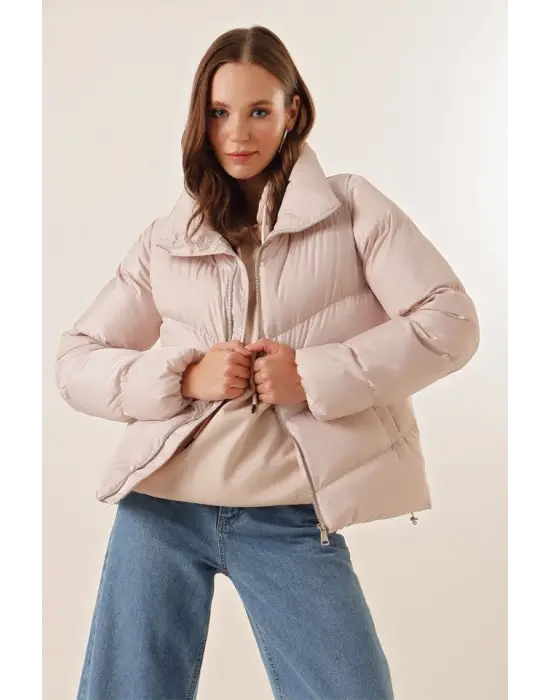 5205 Dik Yaka Fermuarlı Şişme Mont - Bej