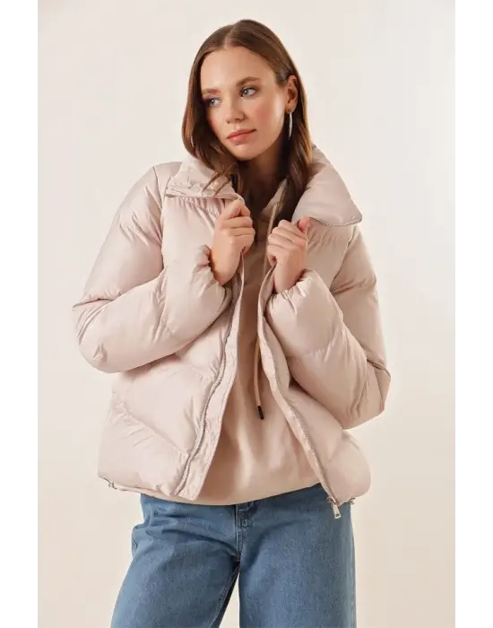 5205 Dik Yaka Fermuarlı Şişme Mont - Bej