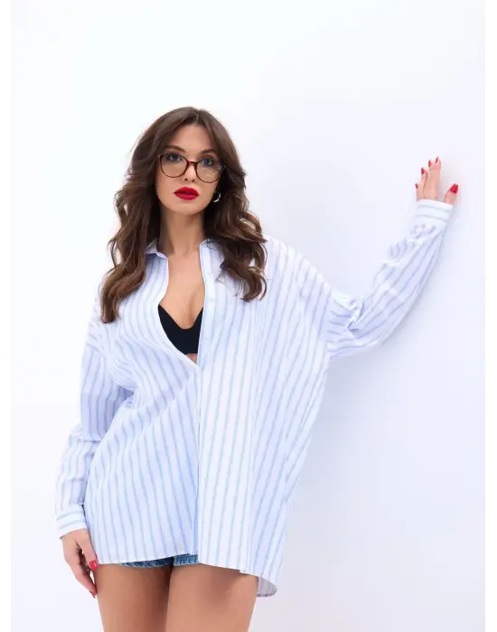 Omarı Çizgili Desenli Şık Gömlek