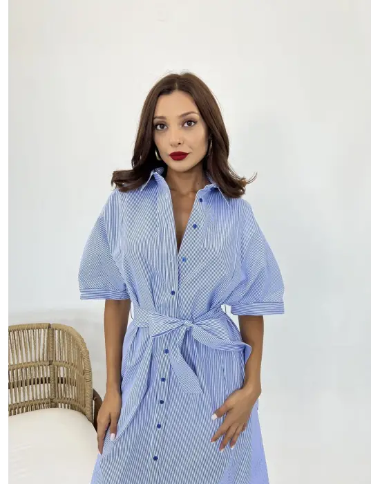 5318 ELBİSE-MAVİ BEYAZ ÇİZGİLİ