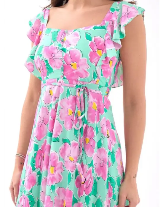 Omarı Zarif Pembe Gül Desenli Elbise