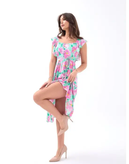 Omarı Zarif Pembe Gül Desenli Elbise