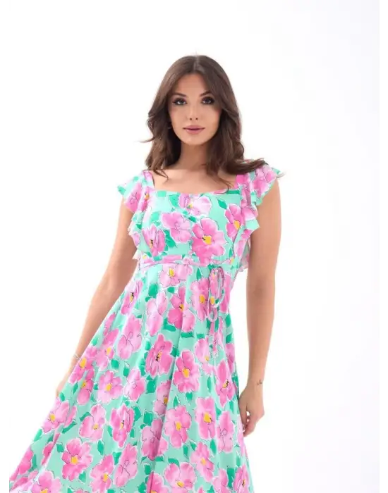 Omarı Zarif Pembe Gül Desenli Elbise