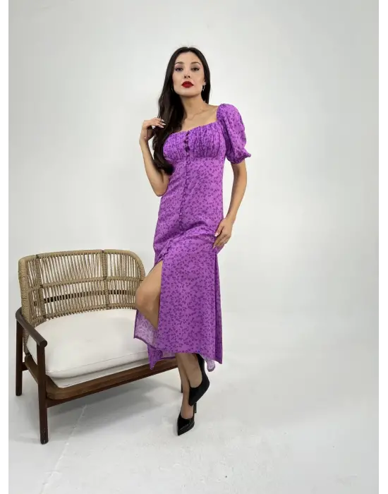 Omarı Siyah Desenli Kısa Elbise