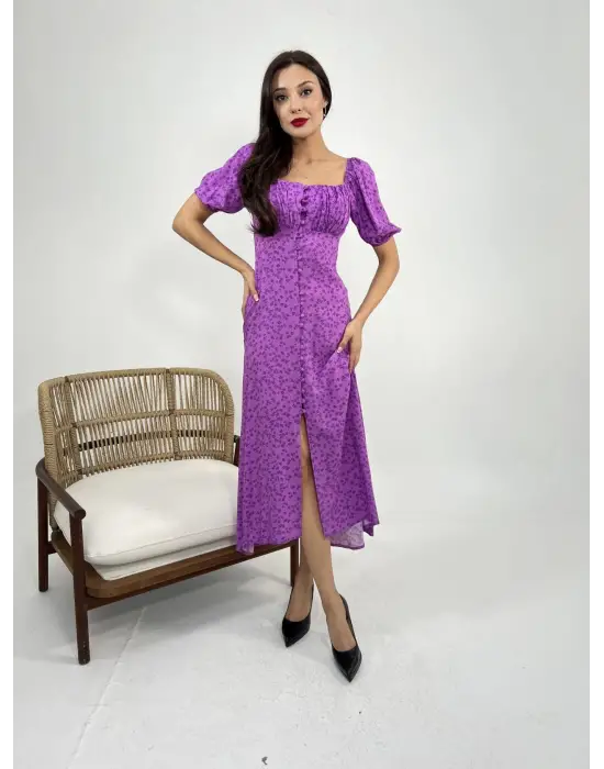 Omarı Siyah Desenli Kısa Elbise