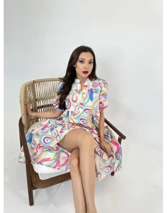 Omarı Doğal Taş Detaylı Mavi Elbise