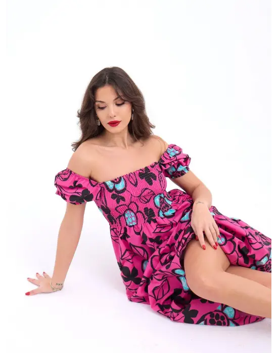 Omarı Kadın Midi Elbise - Çiçek Desenli Çok Şık Model