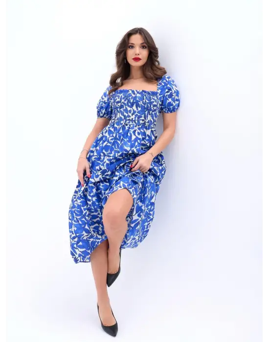 Omarı Vintage Tarzda Dantel Detaylı Mavi Elbise