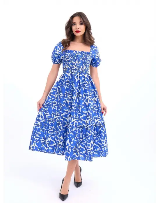 Omarı Vintage Tarzda Dantel Detaylı Mavi Elbise