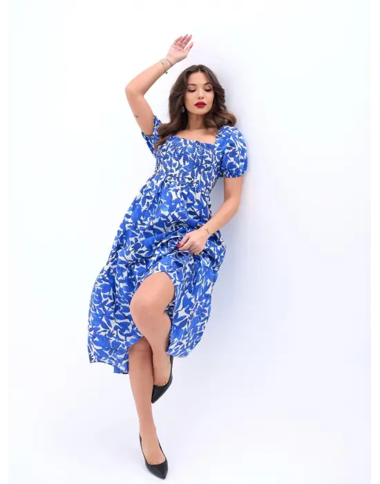 Omarı Vintage Tarzda Dantel Detaylı Mavi Elbise