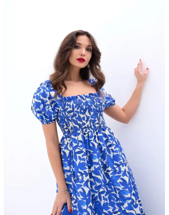 Omarı Vintage Tarzda Dantel Detaylı Mavi Elbise