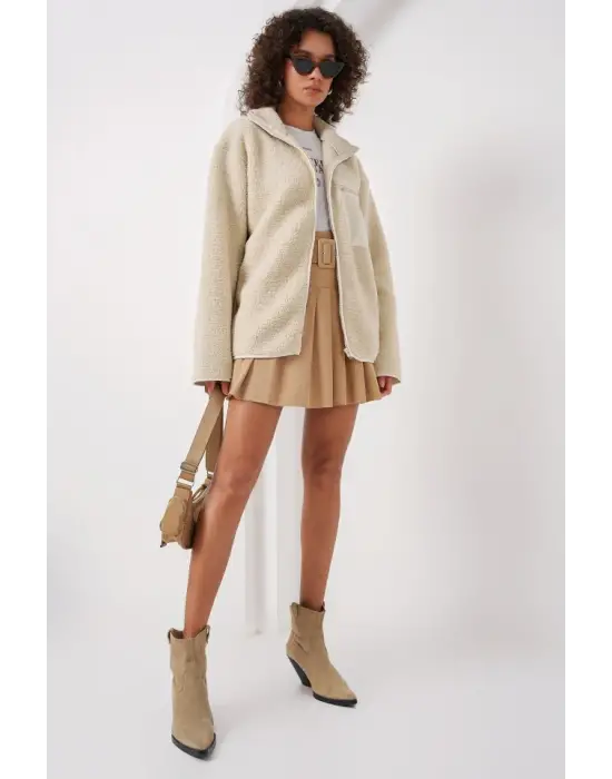 55446 Fermuarlı Oversize Peluş Ceket - Krem
