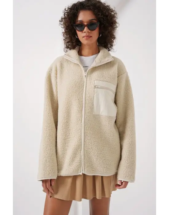 55446 Fermuarlı Oversize Peluş Ceket - Krem