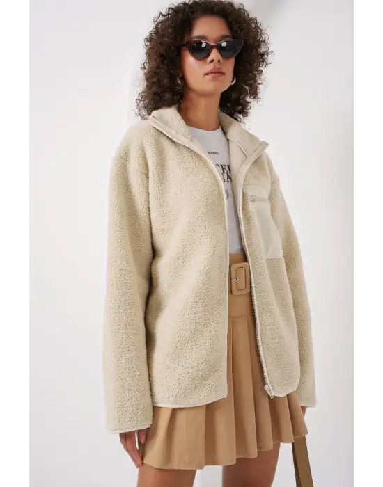 55446 Fermuarlı Oversize Peluş Ceket - Krem