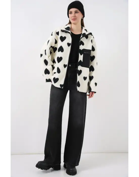 55446 Fermuarlı Oversize Peluş Ceket Mont - A.Beyaz