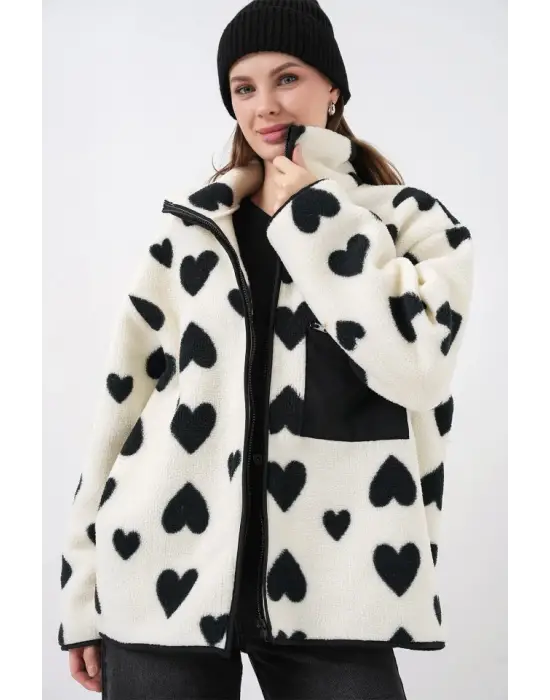 55446 Fermuarlı Oversize Peluş Ceket Mont - A.Beyaz