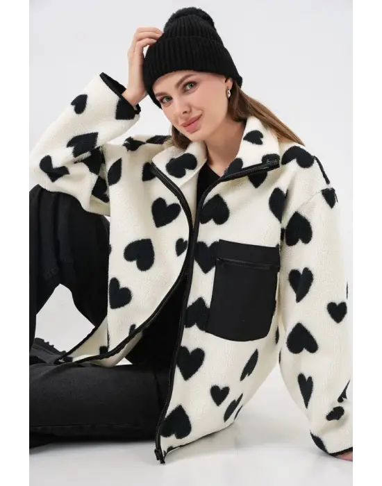 55446 Fermuarlı Oversize Peluş Ceket Mont - A.Beyaz