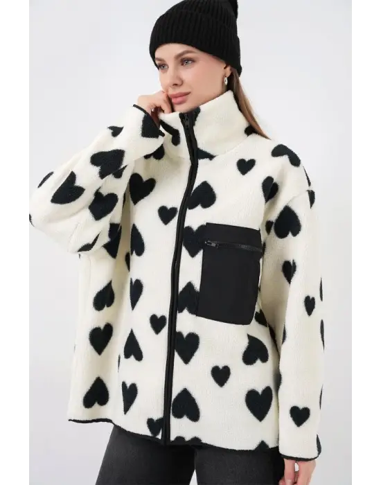 55446 Fermuarlı Oversize Peluş Ceket Mont - A.Beyaz