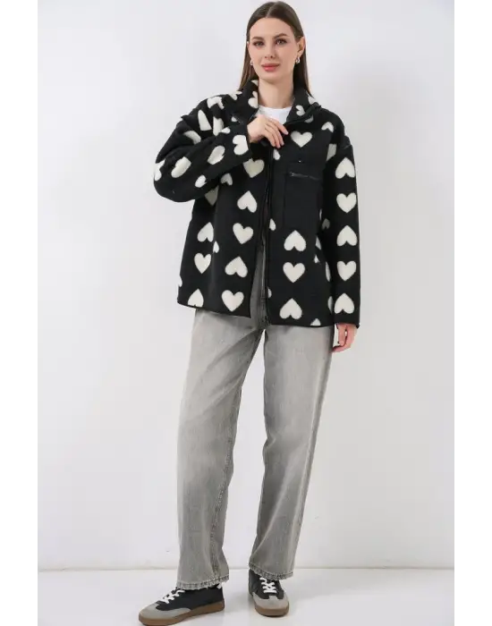 55446 Fermuarlı Oversize Peluş Ceket Mont - K. Siyah