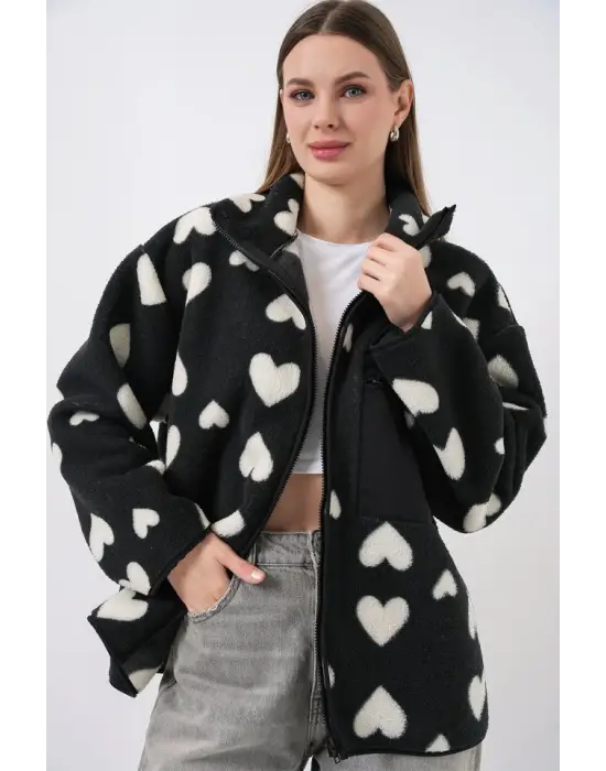 55446 Fermuarlı Oversize Peluş Ceket Mont - K. Siyah