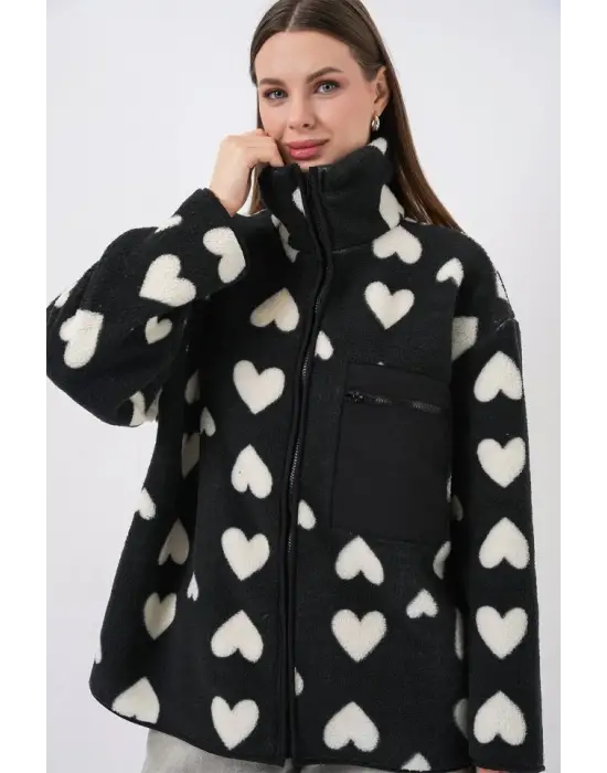 55446 Fermuarlı Oversize Peluş Ceket Mont - K. Siyah