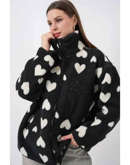 55446 Fermuarlı Oversize Peluş Ceket Mont - K. Siyah