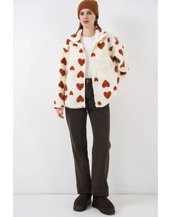 55446 Fermuarlı Oversize Peluş Ceket Mont - K. Taba