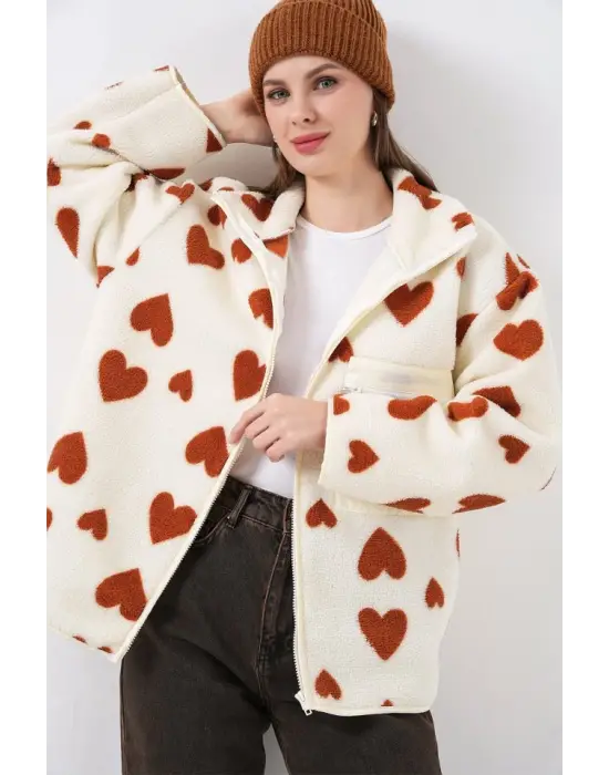 55446 Fermuarlı Oversize Peluş Ceket Mont - K. Taba