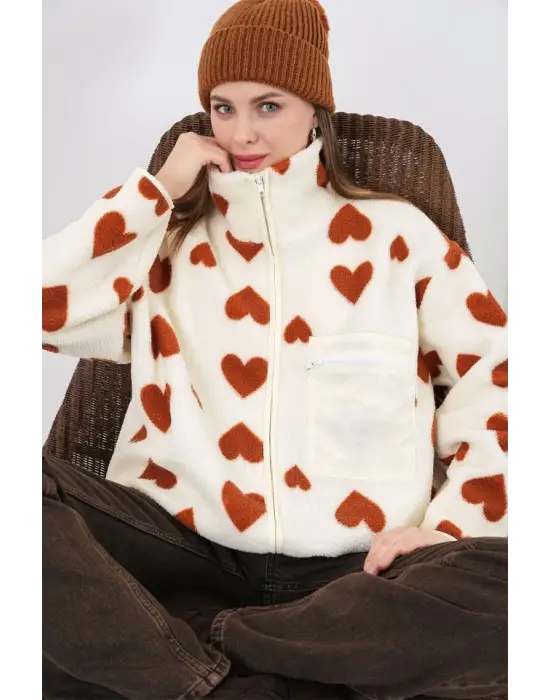 55446 Fermuarlı Oversize Peluş Ceket Mont - K. Taba