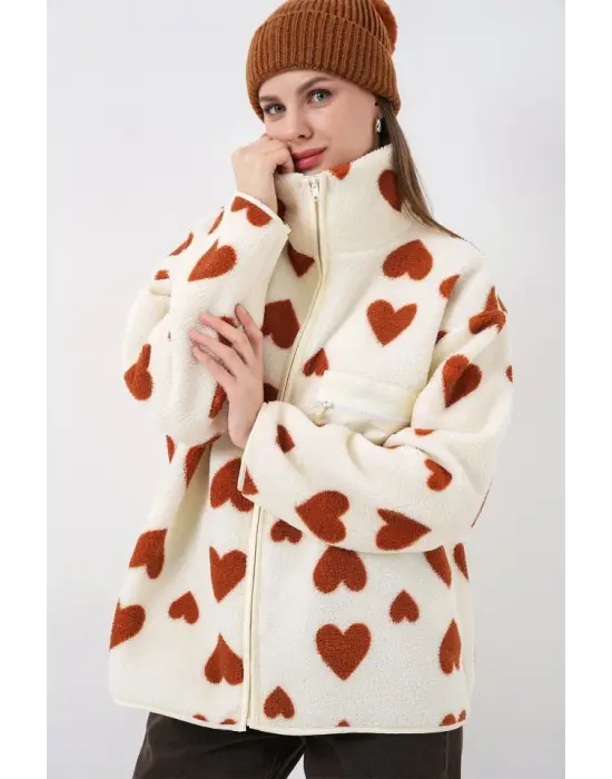 55446 Fermuarlı Oversize Peluş Ceket Mont - K. Taba