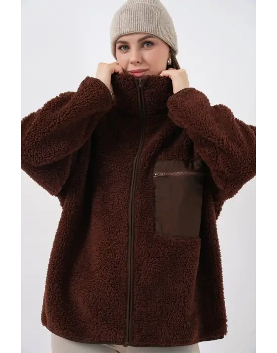 55446 Fermuarlı Oversize Peluş Ceket Mont - Kahverengi