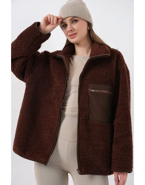 55446 Fermuarlı Oversize Peluş Ceket Mont - Kahverengi
