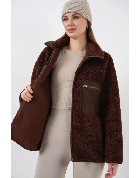 55446 Fermuarlı Oversize Peluş Ceket Mont - Kahverengi