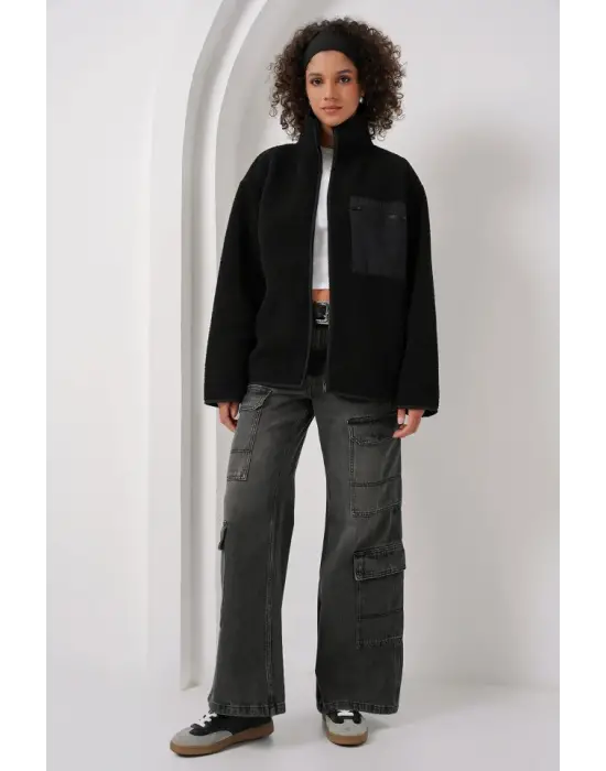 55446 Fermuarlı Oversize Peluş Ceket Mont - Siyah