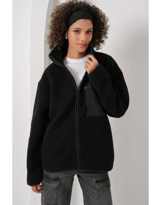 55446 Fermuarlı Oversize Peluş Ceket Mont - Siyah