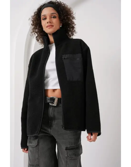 55446 Fermuarlı Oversize Peluş Ceket Mont - Siyah