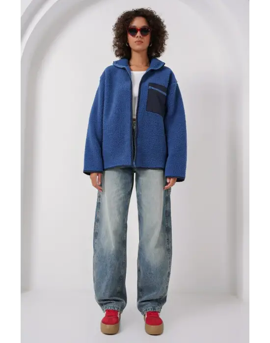 55446 Fermuarlı Oversize Peluş Ceket - Saks