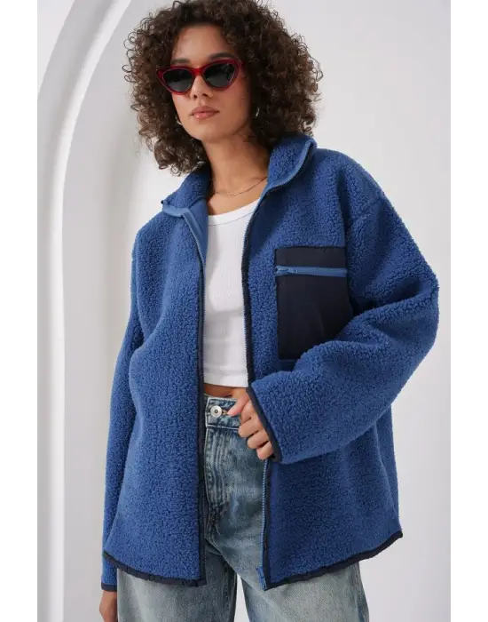 55446 Fermuarlı Oversize Peluş Ceket - Saks