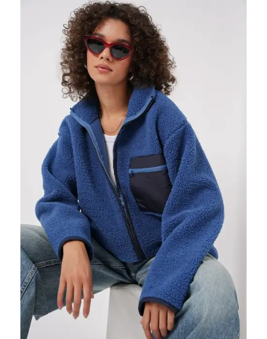 55446 Fermuarlı Oversize Peluş Ceket - Saks