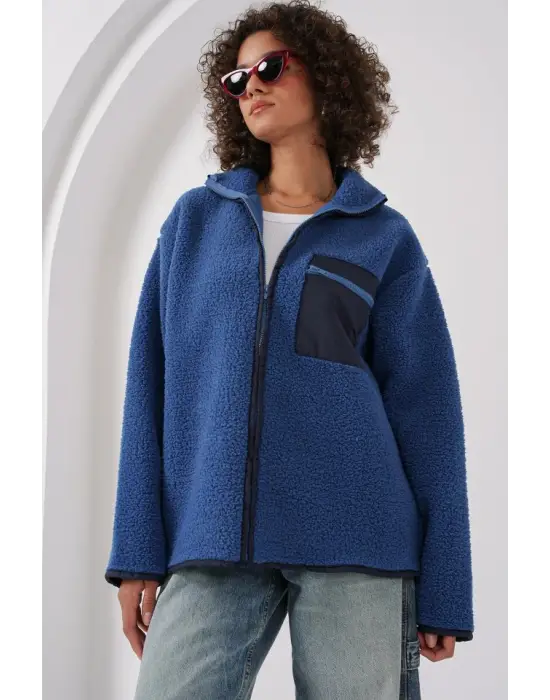 55446 Fermuarlı Oversize Peluş Ceket - Saks