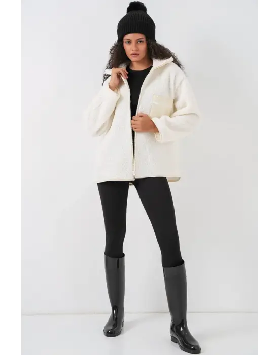 55446 Fermuarlı Oversize Peluş Mont - Bej