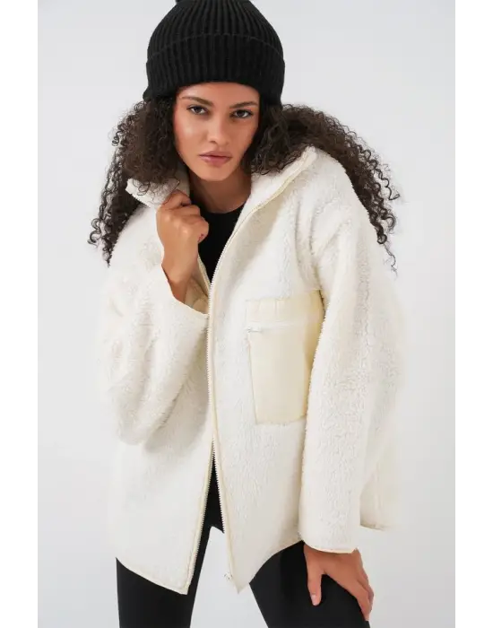 55446 Fermuarlı Oversize Peluş Mont - Bej