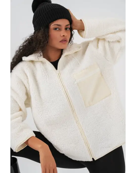 55446 Fermuarlı Oversize Peluş Mont - Bej