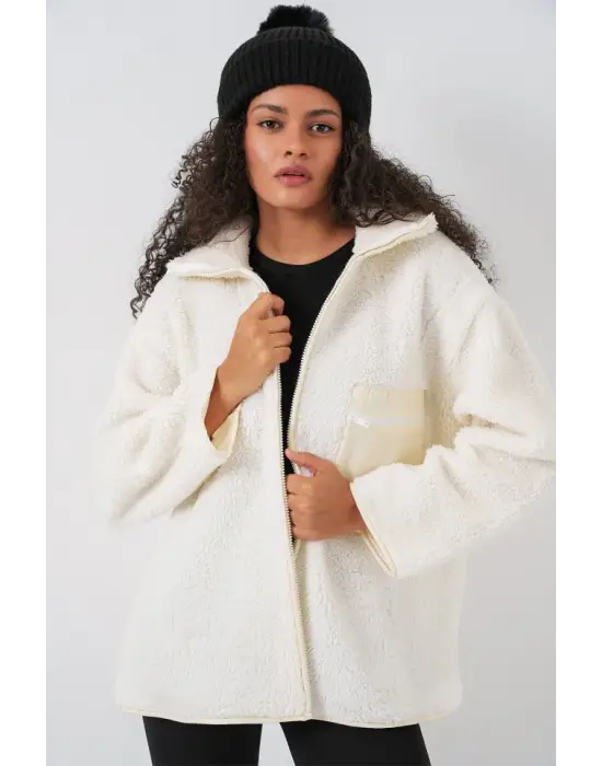 55446 Fermuarlı Oversize Peluş Mont - Bej