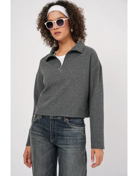 55449 Fermuarlı Yaka Örme Sweatshirt - Antrasit