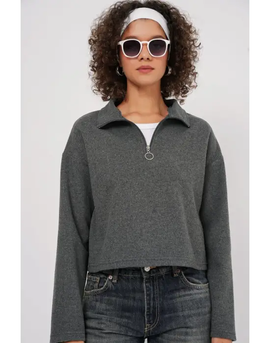 55449 Fermuarlı Yaka Örme Sweatshirt - Antrasit