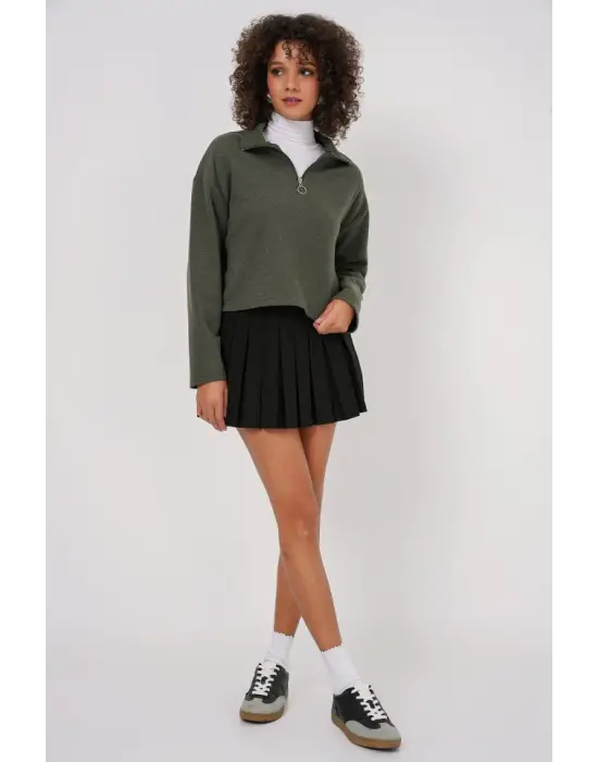 55449 Fermuarlı Yaka Örme Sweatshirt - Haki